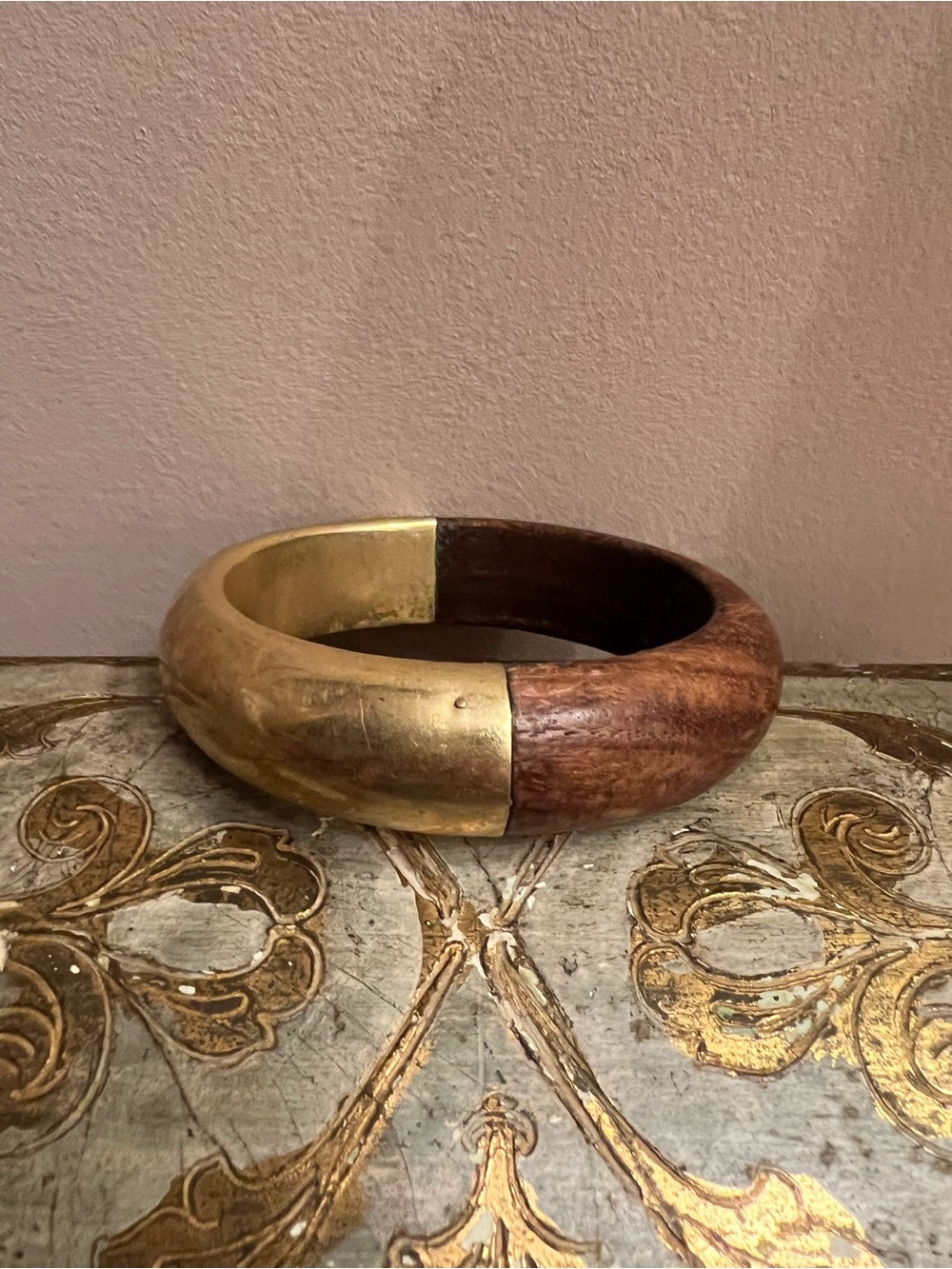 Vintage Chunky Two-Tone Wood and Brass Bangle